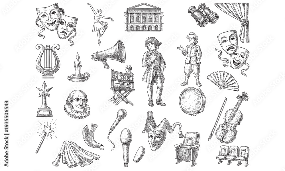 Fototapeta premium Vintage Theater & Drama Icons Set