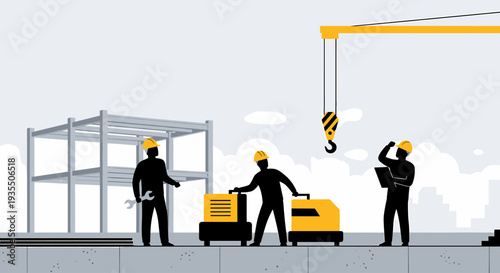 Construction workers operating machinery at a building site