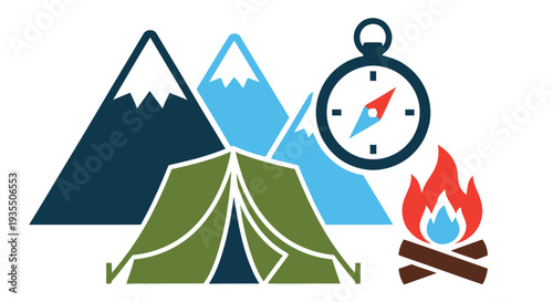 Adventure awaits mountains camping compass and campfire illustration high quality professional