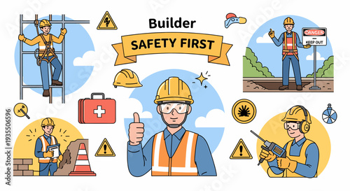 Construction workers with safety equipment and signs illustration
