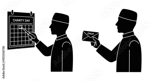 Two men exchanging a calendar and an envelope in a formal setting Vector, illustration