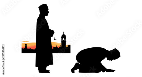 Silhouette of a person offering something to another kneeling individual at sunset Vector, illustration