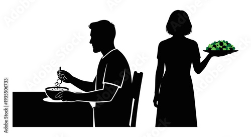 A woman serving food to a man seated at a dining table Vector, illustration
