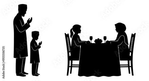 Family sharing a meal together in a cozy dining setting with a man standing nearby. Vector, illustration