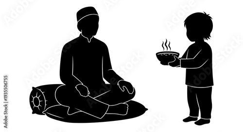 A young child offering a bowl of food to a seated elder in a traditional setting Vector, illustration