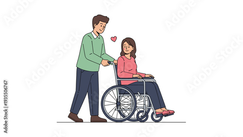 Kind man pushing a smiling woman in a wheelchair shows support and care with a small red heart symbol between them.