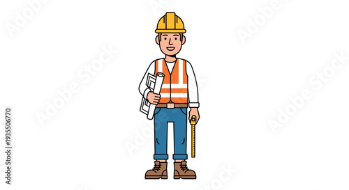 Construction worker with hard hat, blueprints, and measuring tape