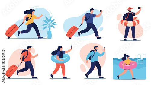 Travel and vacation character set shows people running with suitcases and using swim rings for a fun summer holiday collection.