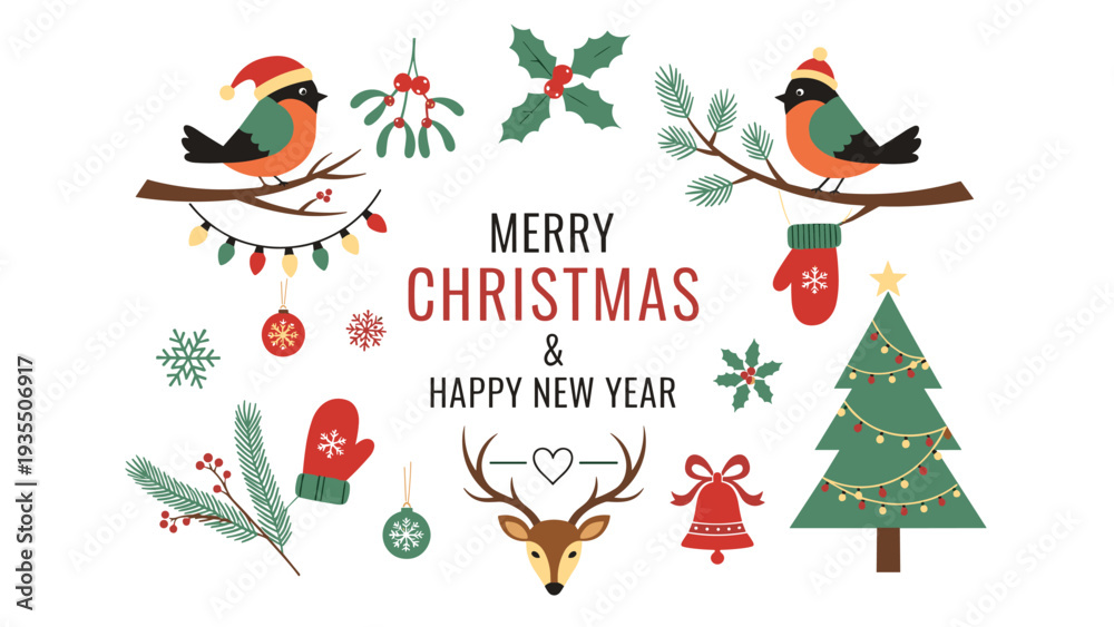 Obraz premium Festive Christmas greeting card with winter birds, a decorated tree, and holiday accessories shares warm seasonal wishes.