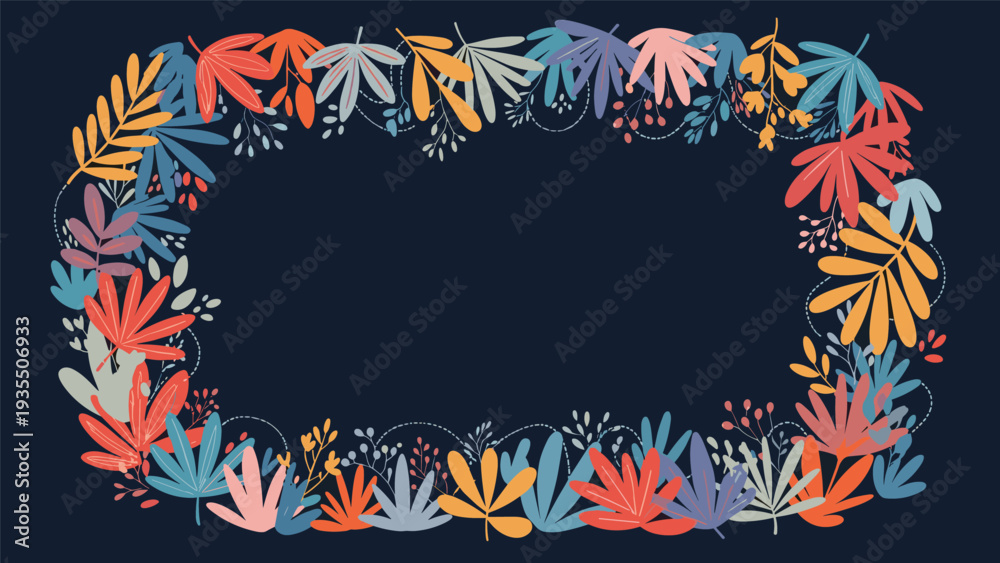 Obraz premium Decorative frame made of vibrant stylized leaves on a dark blue background provides an elegant botanical border for text.