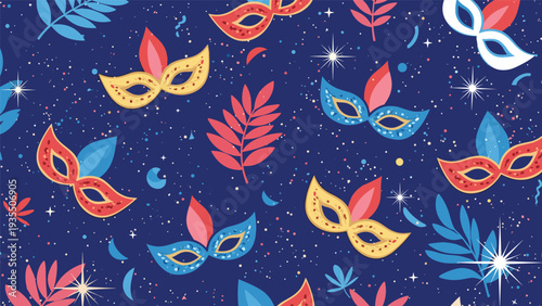 Colorful carnival mask pattern with festive leaves and sparkling stars on a dark blue background captures a lively party spirit.