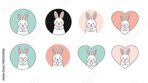 Cute white rabbit icons inside pastel circles and heart shapes provide a sweet collection for Easter or baby themed designs.