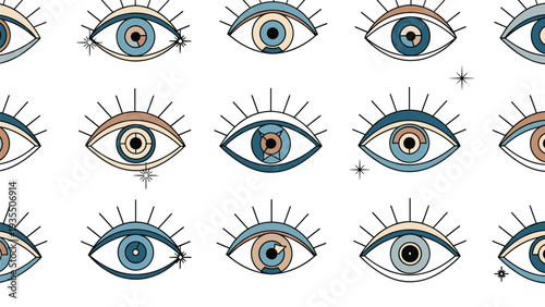 Seamless pattern of stylized evil eye symbols in blue and beige shades offers a modern take on a traditional protective emblem.