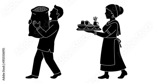 A man and woman carrying food items in a vintage kitchen setting Vector, illustration