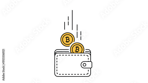Simple icon of bitcoin coins falling into a white leather wallet represents cryptocurrency finance and digital wealth growth.
