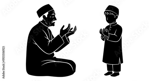 Elderly man teaching a young boy traditional gestures in a cultural setting Vector, illustration