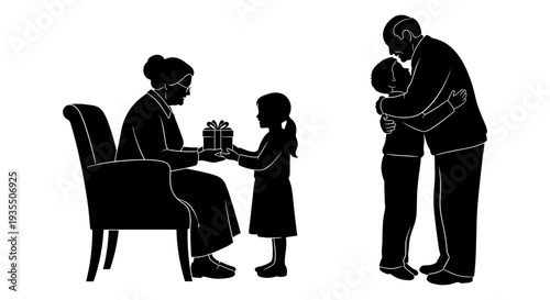 Heartwarming moment of a family sharing a warm embrace and gift exchange Vector, illustration