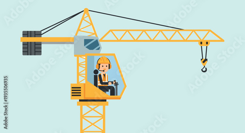 Crane operator working in tower crane cab at construction site