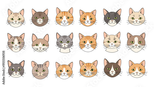 Variety of cat faces in different colors and patterns creates a comprehensive grid of domestic feline characters for animal lovers.