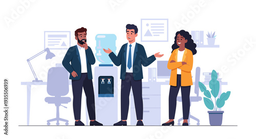 Diverse business colleagues discussing ideas at office water cooler