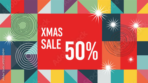 Geometric Christmas sale banner with a red center box and colorful patterns offers a modern and bold holiday marketing design.