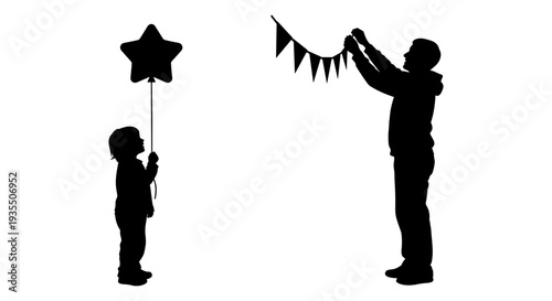 A child holding a star-shaped balloon while an adult holds festive bunting. Vector, illustration