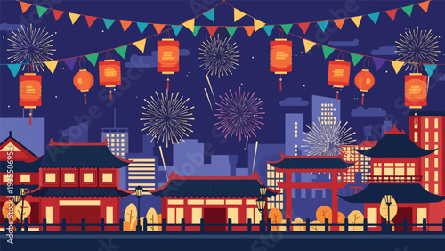Colorful festive night in an old oriental town decorated with traditional red lanterns, bunting, and bright fireworks in a clear dark sky.