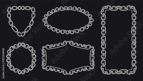 Silver chain link frames in various shapes on a black background provide a strong and industrial set of borders for design projects.