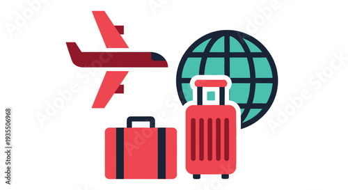 Travel icon featuring an airplane globe and suitcase in a flat design