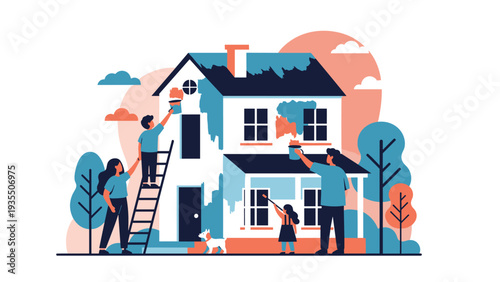 Happy family with children working together to paint their new two story suburban home in a flat vector illustration with soft colors.