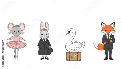 Group of cute anthropomorphic animals featuring a mouse ballerina, a rabbit in a winter coat, a swan on a suitcase, and a fox in a formal suit.