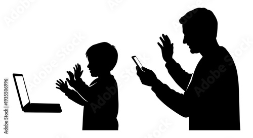 A child and an adult both using handheld devices while engaging with a laptop together. Vector, illustration