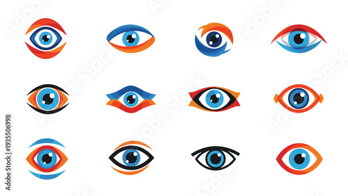 Professional collection of twelve stylized eye logos and icons designed with modern geometric shapes in vibrant blue and orange color palettes.
