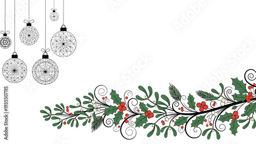 Elegant christmas border design featuring a long branch of holly, berries, and mistletoe with hanging intricate glass ornaments above.