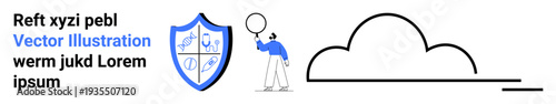 Businessman with magnifying glass near detailed shield icon and minimalistic cloud shape. Ideal for security, technology, internet safety, data analysis, cloud storage, research, simple landing page