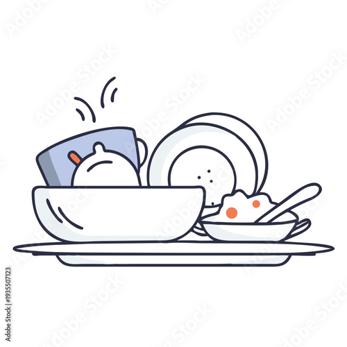 Dirty dishes stacked in a bowl with a spoon and plate concept of kitchen cleaning  