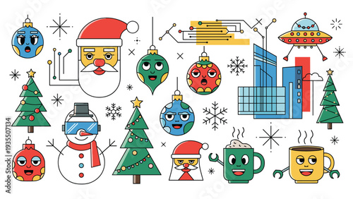 Unique set of futuristic christmas icons featuring a cyborg santa, robot mugs, technology themed ornaments, and a holiday ufo.