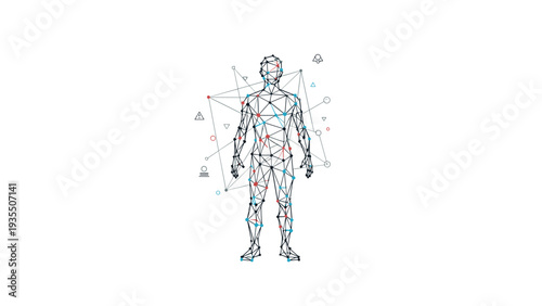 Abstract wireframe illustration of a human body figure constructed from a network of lines and dots representing data or digital anatomy.