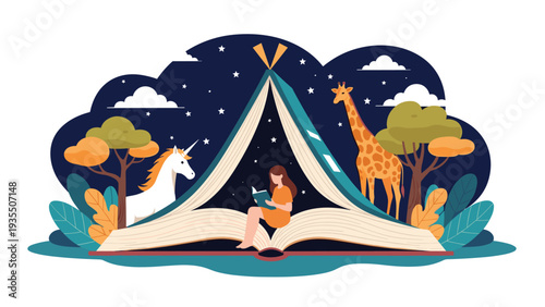 Imaginative scene of a young girl reading a book inside a giant open book that forms a tent under a starry night sky with a unicorn and giraffe.