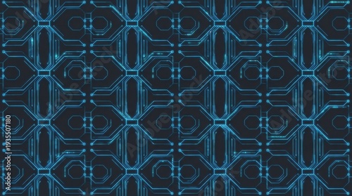 Futuristic blue glowing circuit board seamless pattern on dark background technology concept