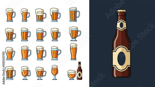 Pixel art collection of beer mugs with foam and a brown bottle presented on contrasting white and dark backgrounds.