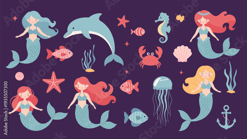 Undersea theme elements set with cute mermaids, dolphin, seahorse, jellyfish, fish, and maritime icons on a purple background.