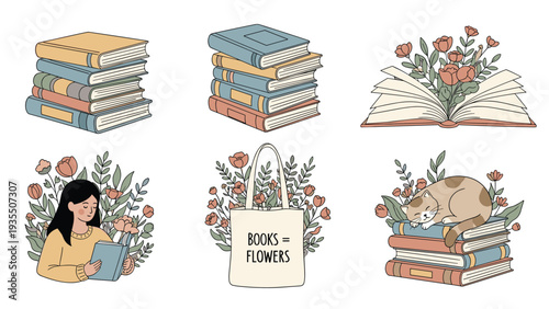 Charming collection of book themed illustrations with stacks of books, a girl reading, sleeping cat, and floral accents.