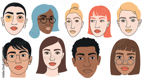 Diverse group of human faces illustrated in a modern flat style representing various ethnicities, ages, and genders.