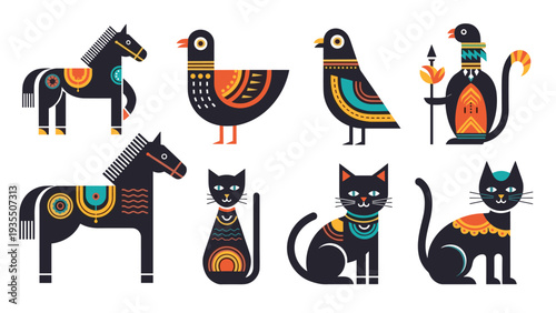 Stylized animal figures including horses, birds, and cats decorated with vibrant folk art patterns and geometric designs.