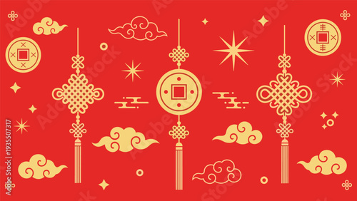 Chinese New Year traditional background with golden knots, coins, clouds, and stars on a vibrant red backdrop for the festival.