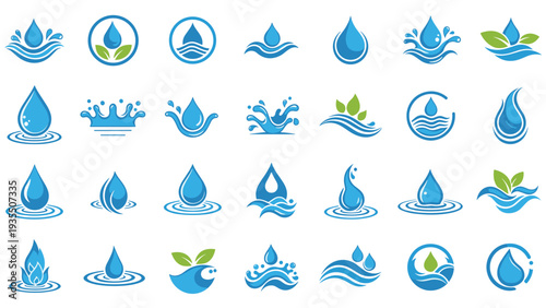 Large set of twenty-eight diverse water drop logo concepts featuring elements like waves, ripples, and green leaves.