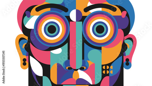 Abstract modern portrait of a human face composed of vibrant geometric shapes and colorful patterns in a cubist style.