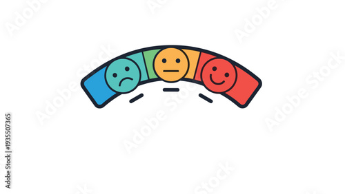 Emotional feedback scale showing a sad blue, neutral orange, and happy red face on a colorful arched meter from one to three.