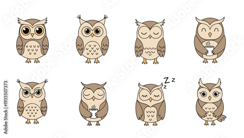 Cute owl characters set showing various moods and activities such as sleeping, winking, and drinking a hot cup of coffee.